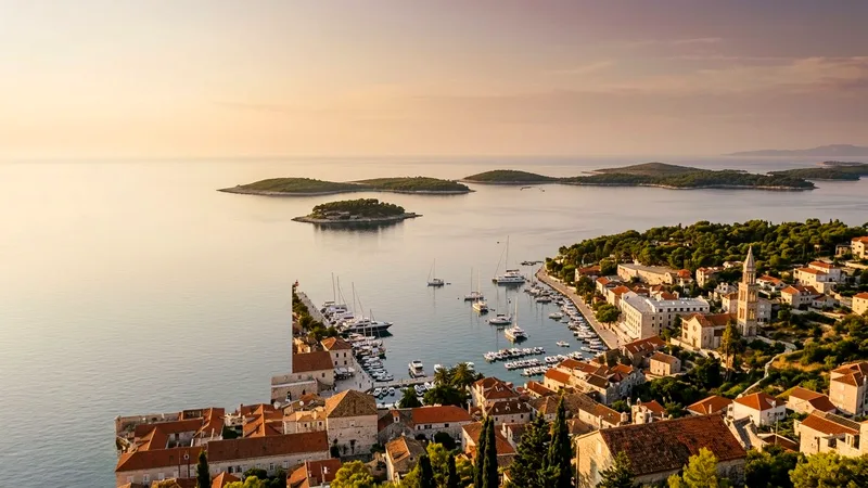 Hvar Town harbour, cathedral tower and Pakleni Islands seen from the fortress at sunset