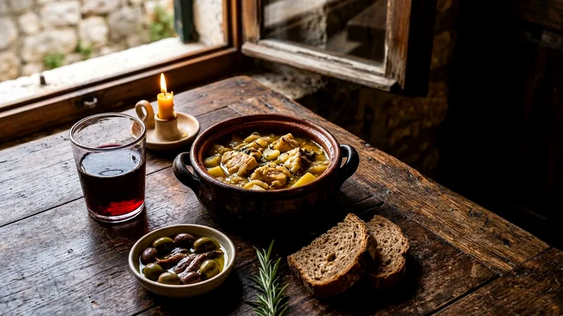 Plavac Mali wine, fish stew, olives and bread on a rustic wooden table