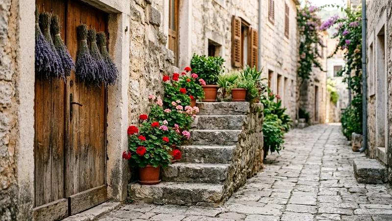Dried lavender bundles hanging beside a wooden door in a stone village lane